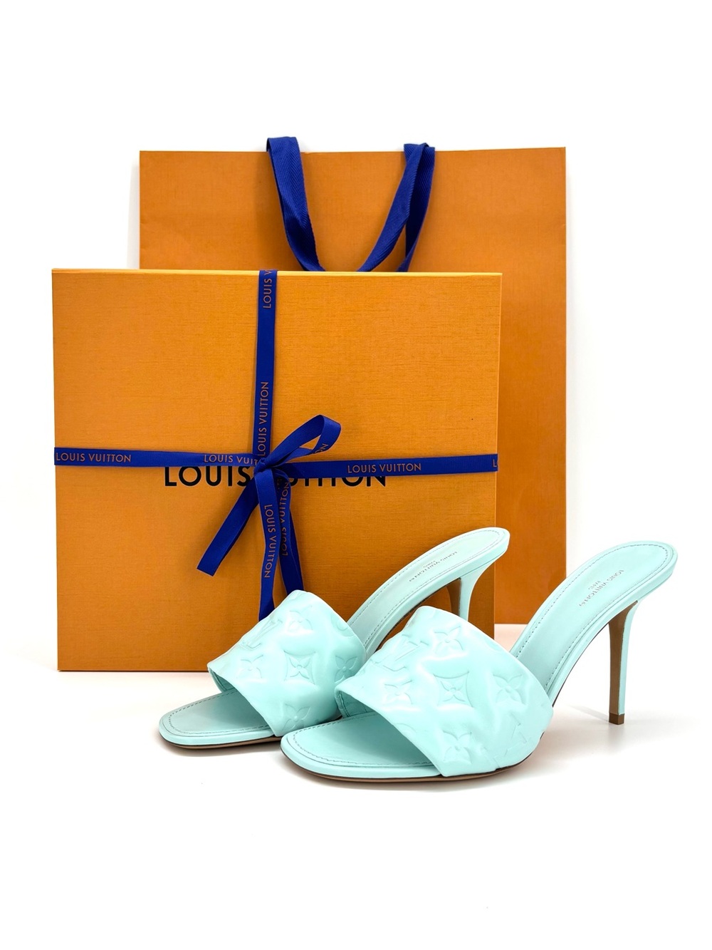 NIB Louis Vuitton Revival Monogram Emboss Leather Heeled Mules Sandals 41 - Picture 2 of 11